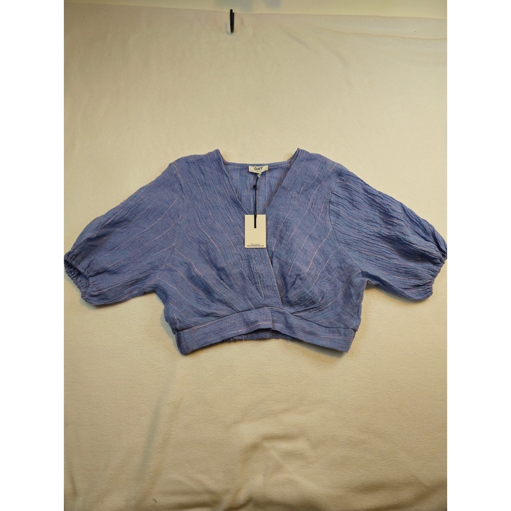 OAT New York Womens Periwinkle Blue Pinstripe Textured Wrap Crop Top NWT Size L